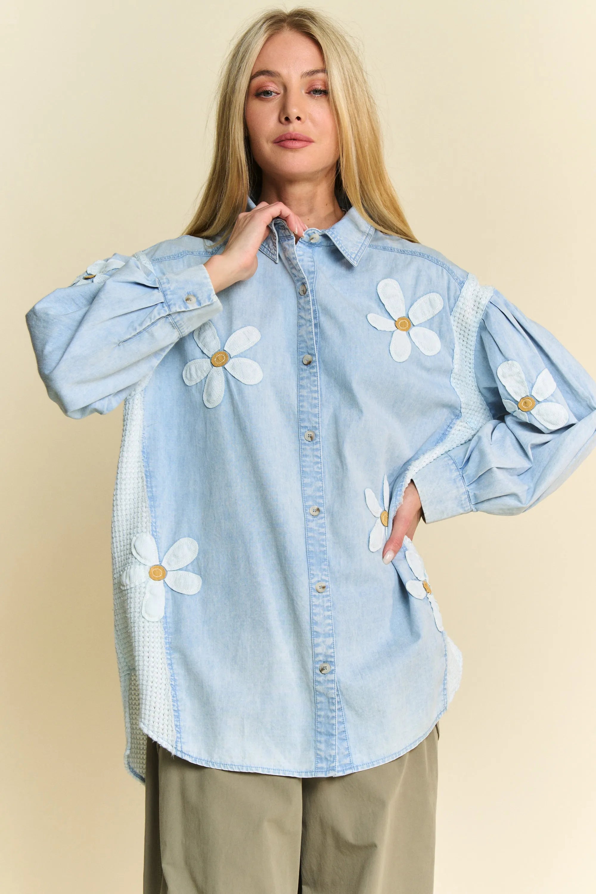 Davi & Dani Lightweight Washed Daisy Patch Waffle Knit Shirt OutfitFlow