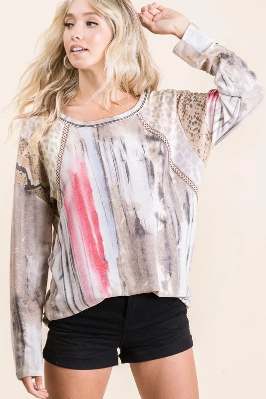 BiBi Tie Dye Knit Top with Print Block Shoulder OutfitFlow