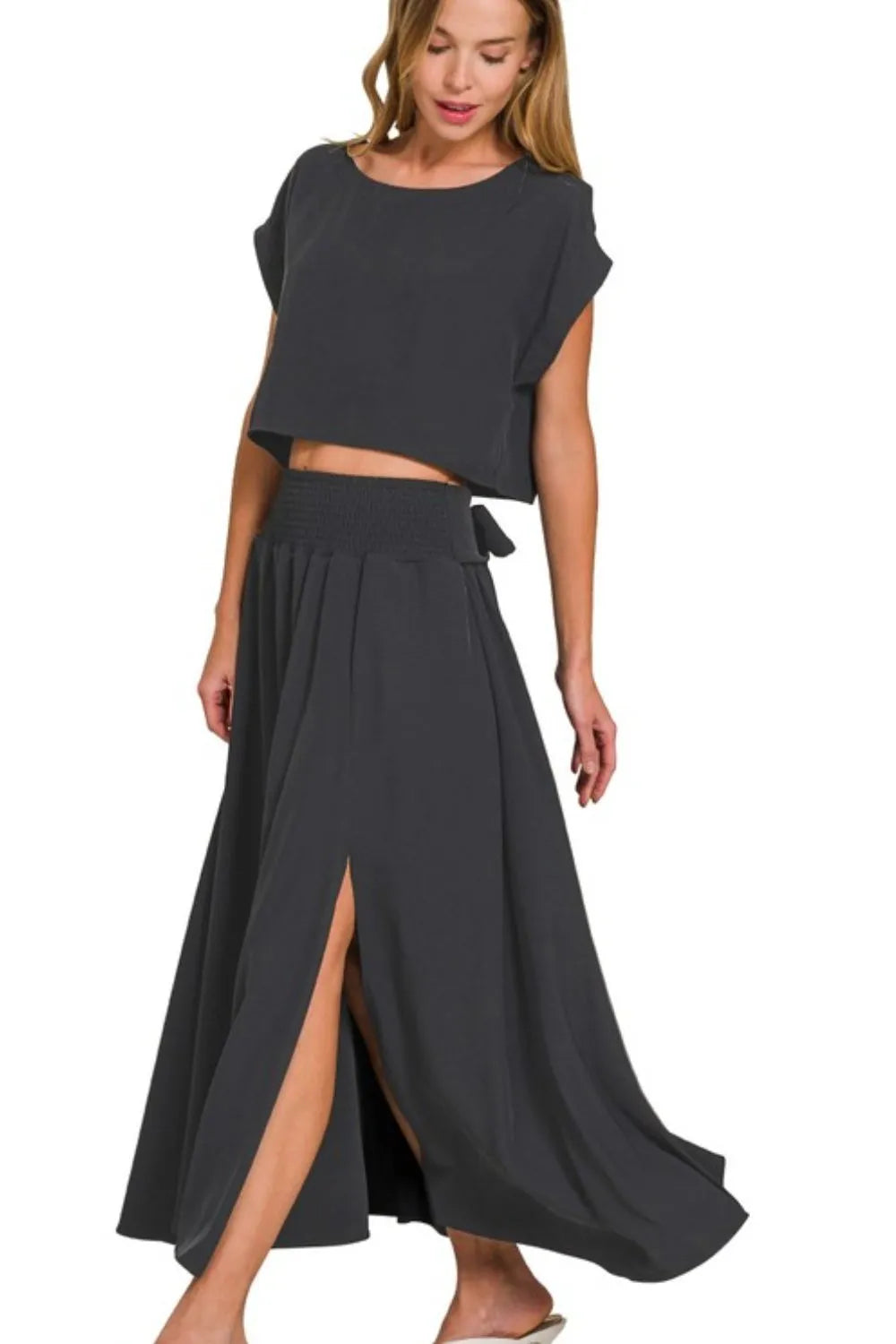 Zenana Heavy Woven Span Crop Tee & Skirt Set OutfitFlow