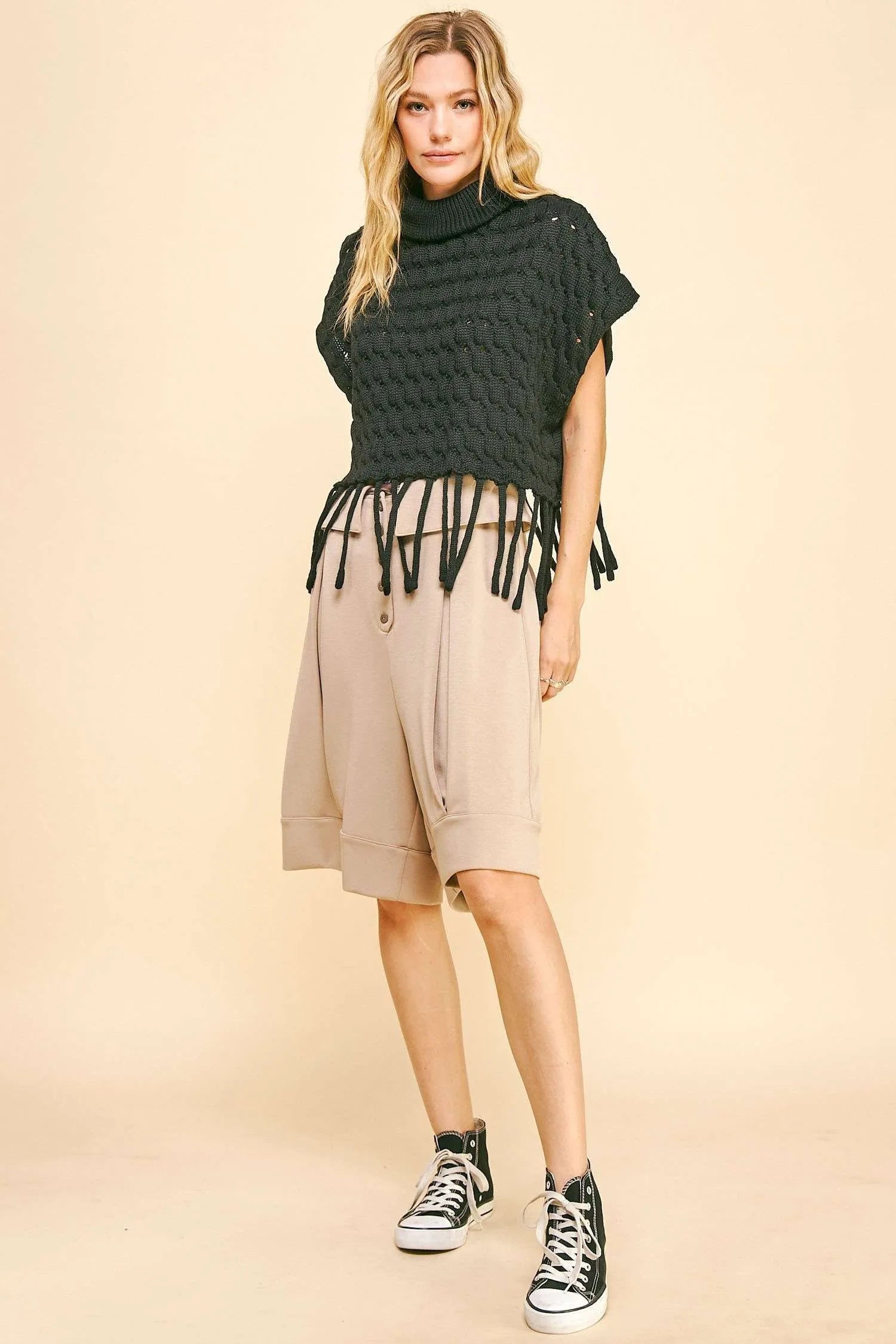 Davi & Dani Fold Over Waist Band Strap Detail Short OutfitFlow