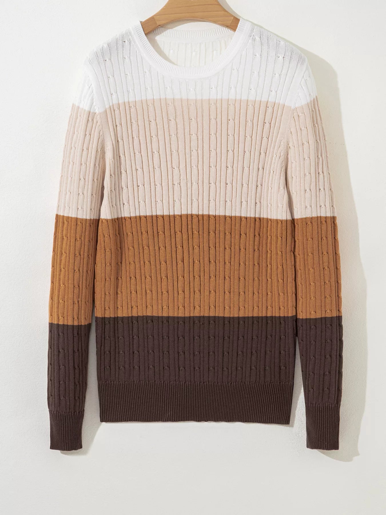 Colorblock Cable Knit Round Neck Sweater OutfitFlow