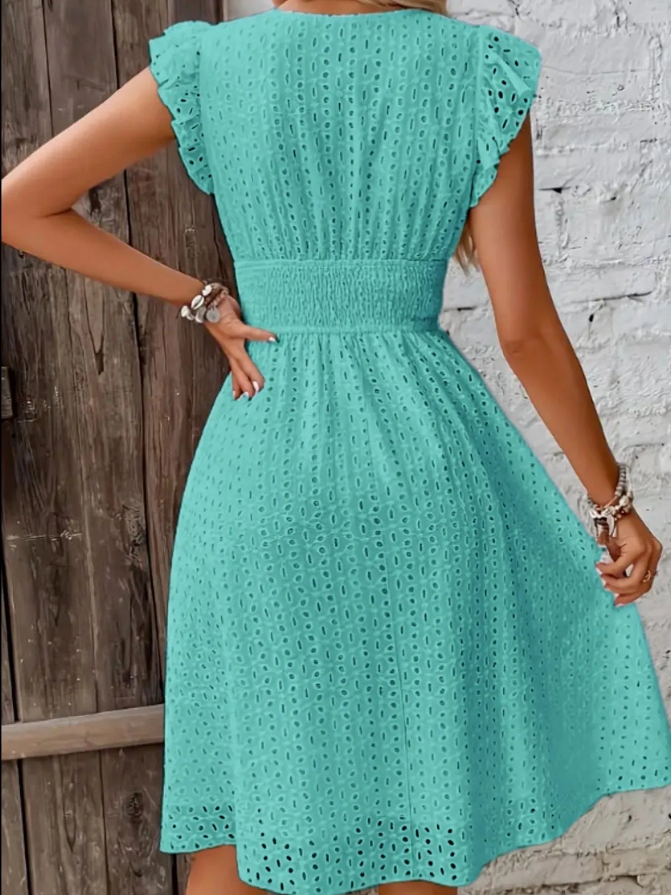 Eyelet Ruffled Cap Sleeve Mini Dress OutfitFlow