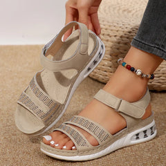 Open Toe Inlaid Rhinestone Wedge Sandals Mocha OutfitFlow