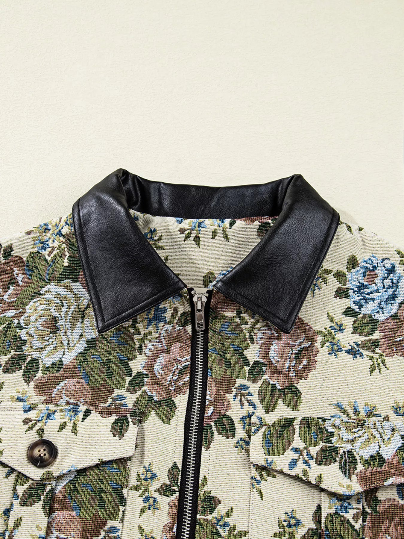 Floral Print Zip Up Contrast Collared Jacket OutfitFlow