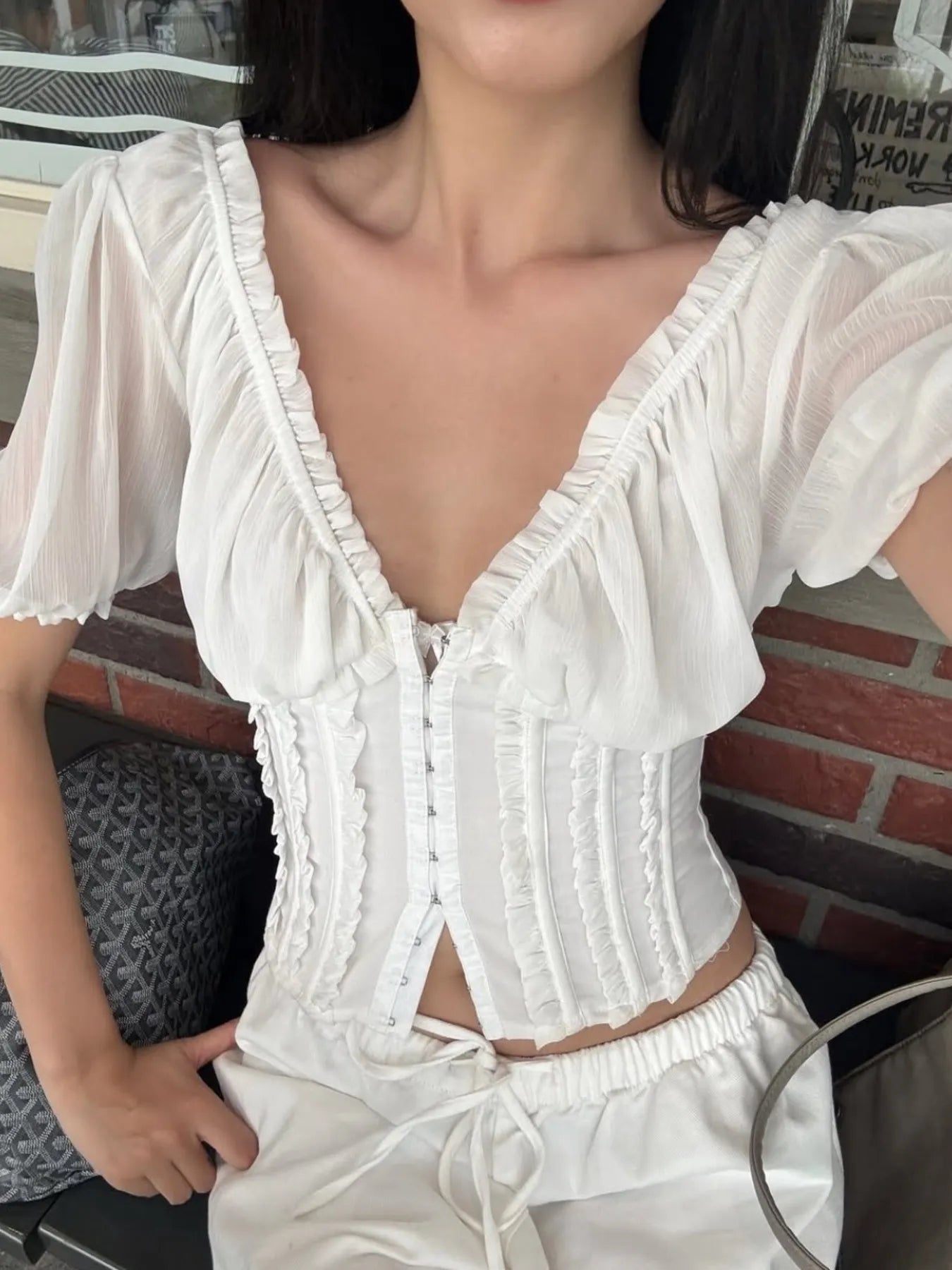 Frill V-Neck Puff Sleeve Blouse OutfitFlow