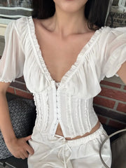 Frill V-Neck Puff Sleeve Blouse OutfitFlow