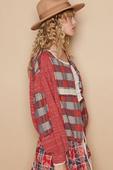 POL Round Neck Long Sleeve Plaid Shirt