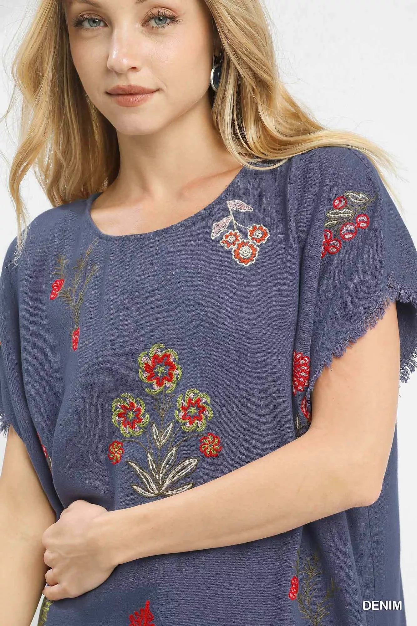 Umgee Linen Blend Embroidered Frayed Hem Top OutfitFlow
