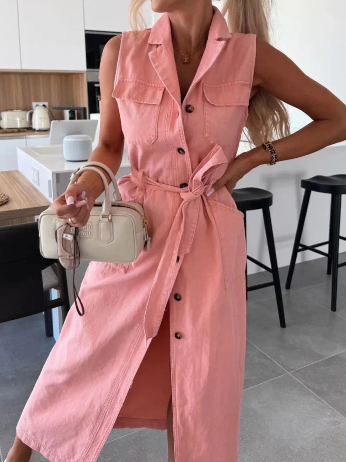 Button Front Sleeveless Denim Dress OutfitFlow