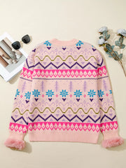 Multicolour Ethnic Christmas Pattern Knit Feather Cuffed Sweater OutfitFlow