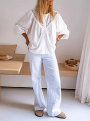 Eyelet Lace Detail Long Sleeve Blouse OutfitFlow