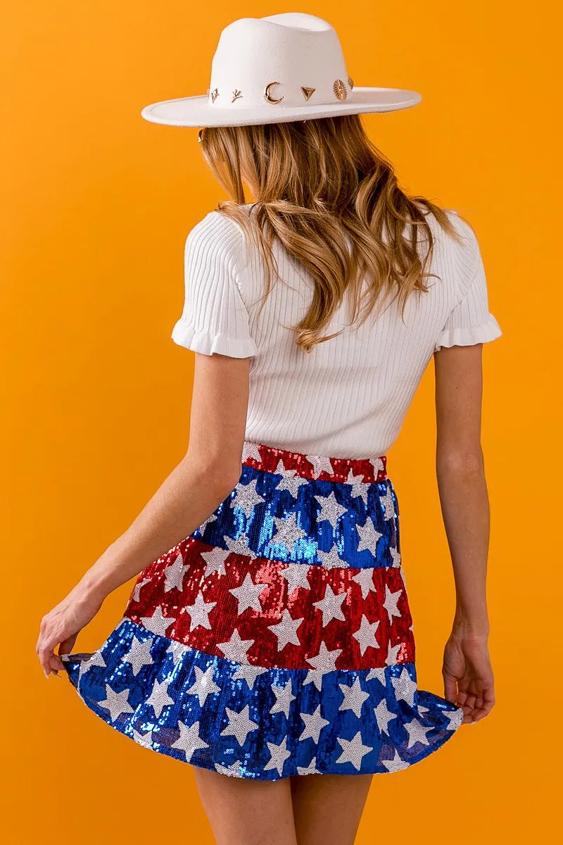 BiBi American Flag Theme Star Sequin Tiered Skirt OutfitFlow