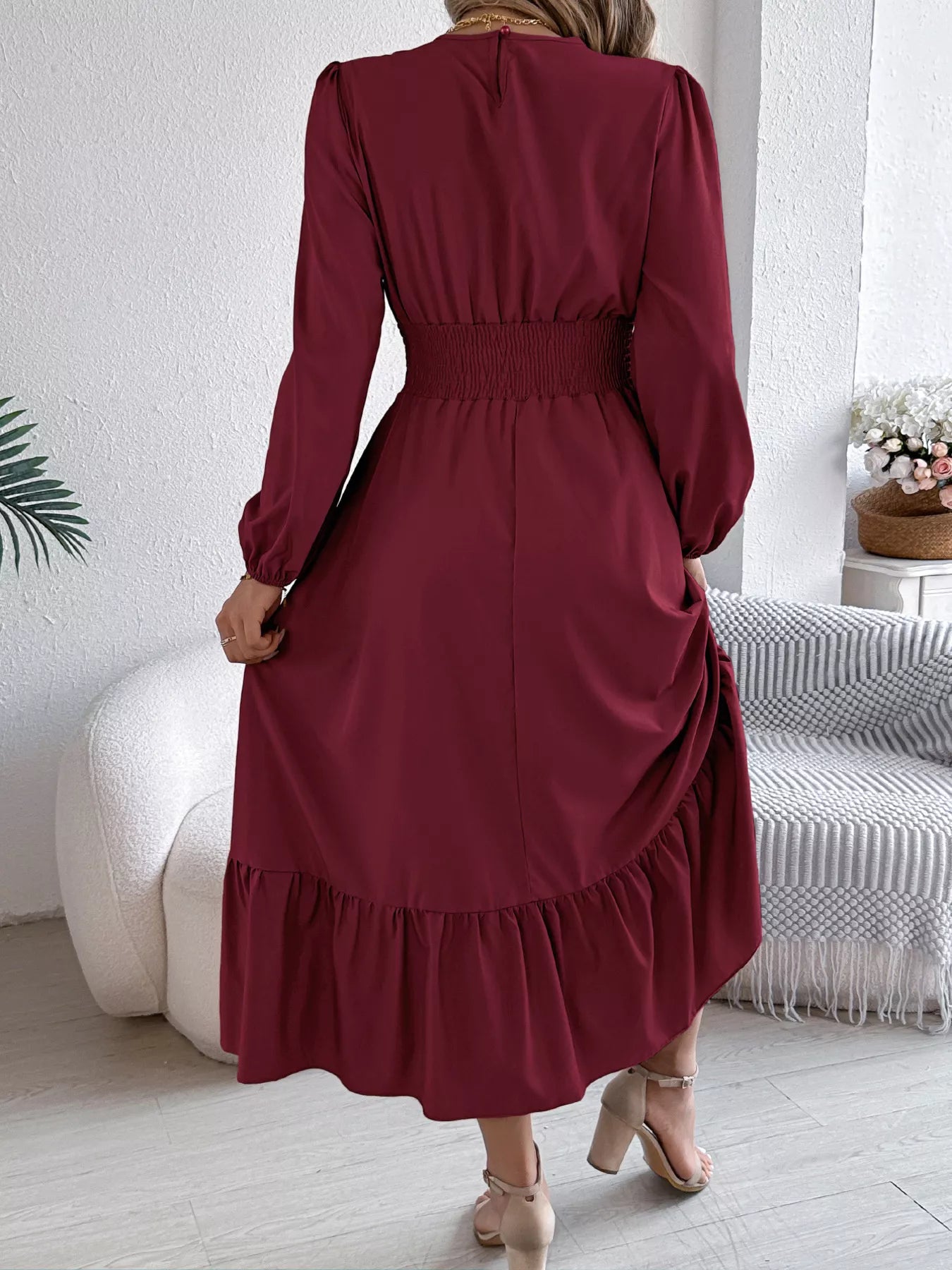 Round Neck Balloon Sleeve Tiered Dress OutfitFlow