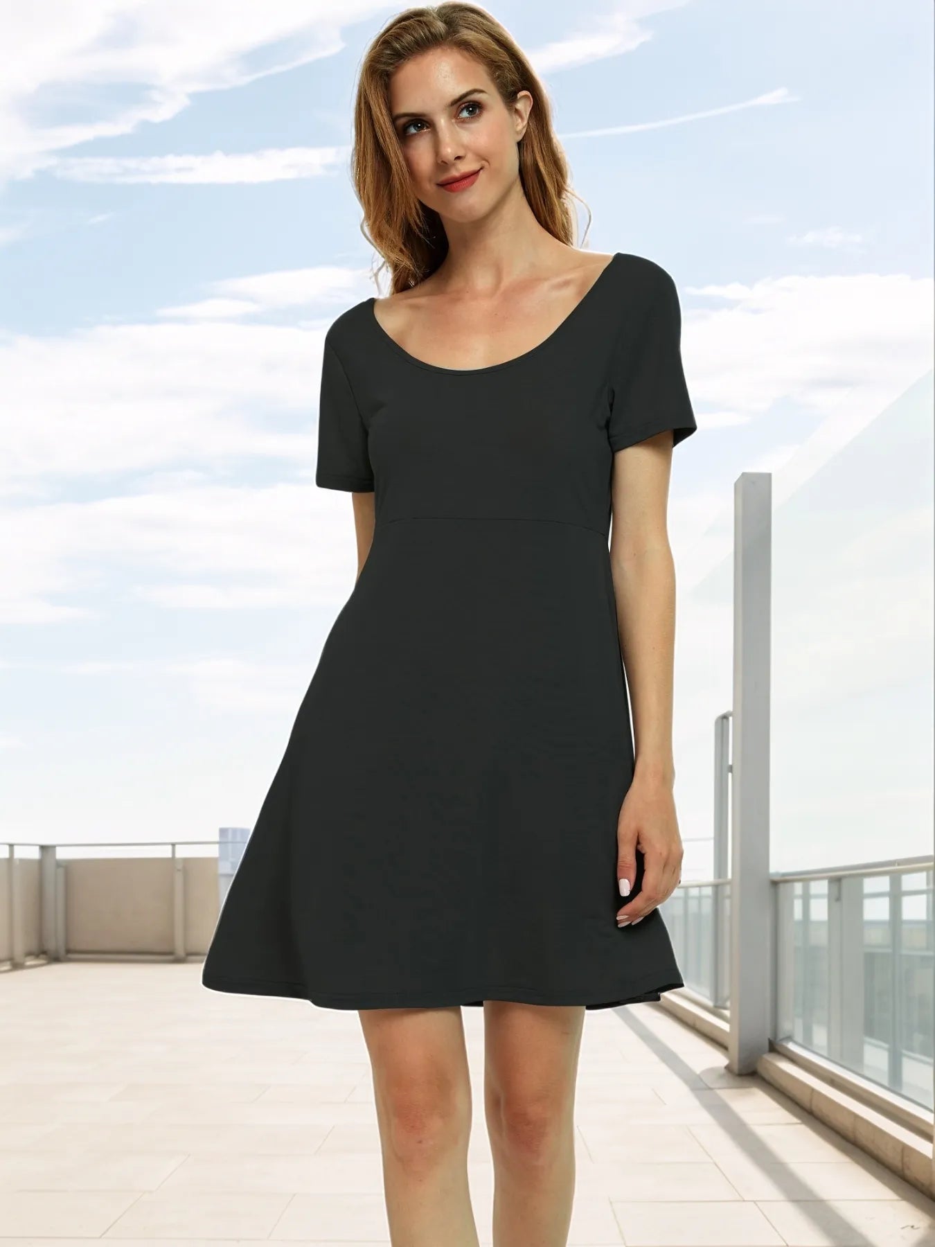 Round Neck Short Sleeve Flared Summer Dress Black OutfitFlow