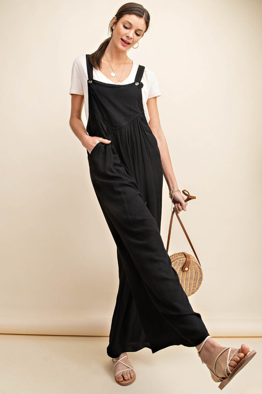 Outfit Flow - Kori America Full Size Sleeveless Ruched Wide Leg Overalls