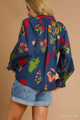 Umgee Floral Print Flounce Sleeve Blouse OutfitFlow