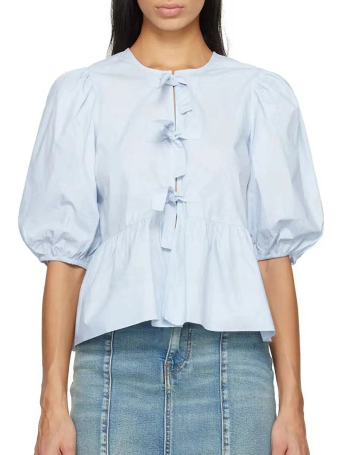 Puff Sleeve Bow Tie Blouse Blue OutfitFlow