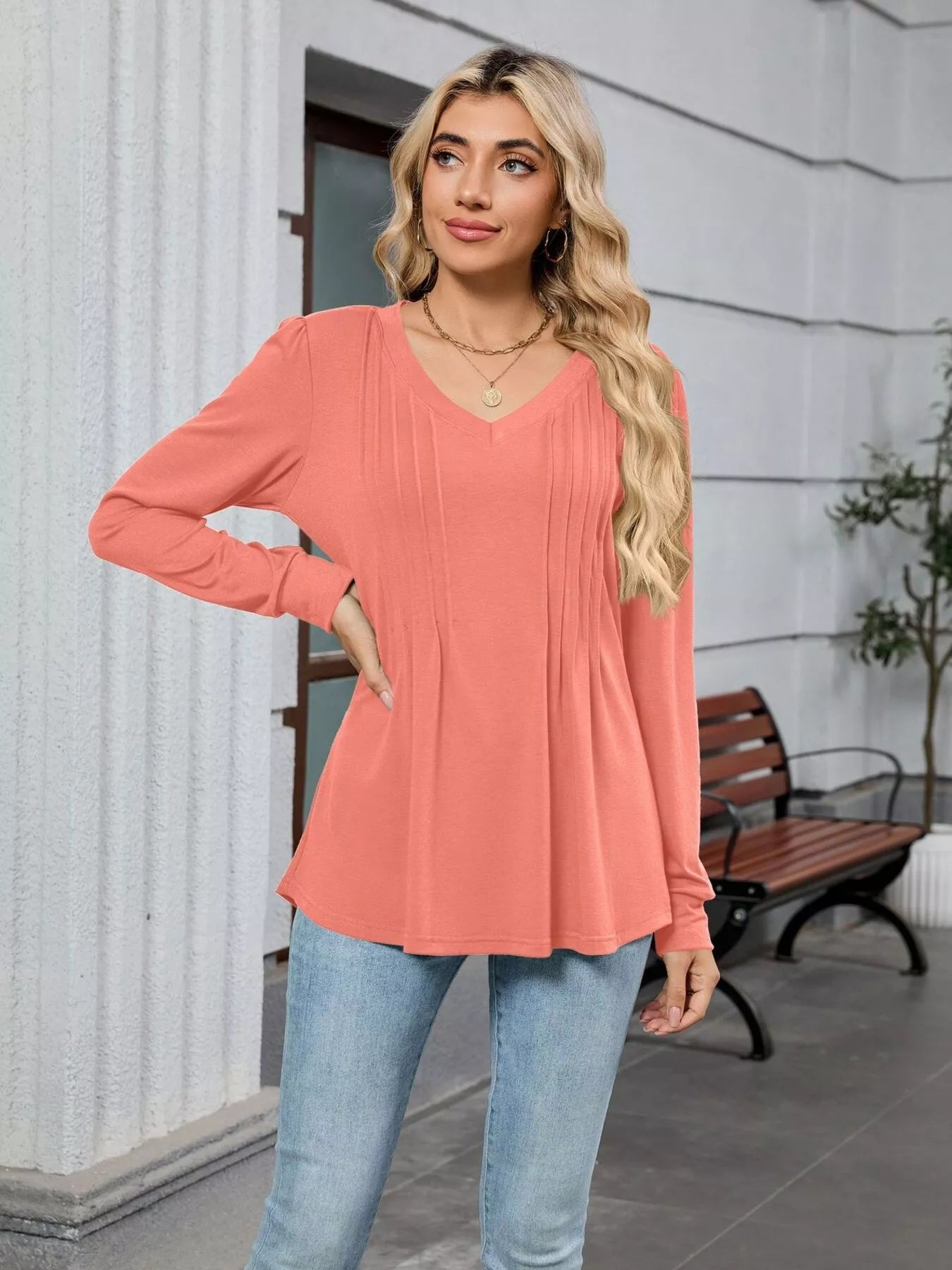 V-Neck Long Sleeve Relaxed Fit T-Shirt OutfitFlow