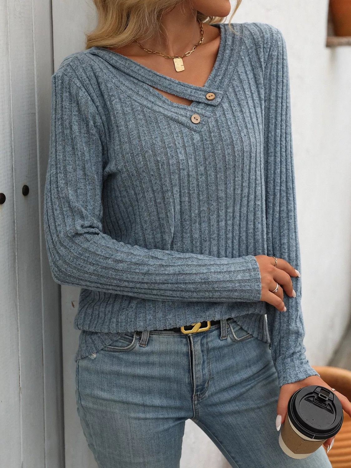Ribbed Knit Long Sleeve Button Detail T-Shirt Dusty Blue OutfitFlow