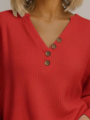 Full Size Casual Waffle Knit V-Neck Long Sleeve T-Shirt Plus Size OutfitFlow