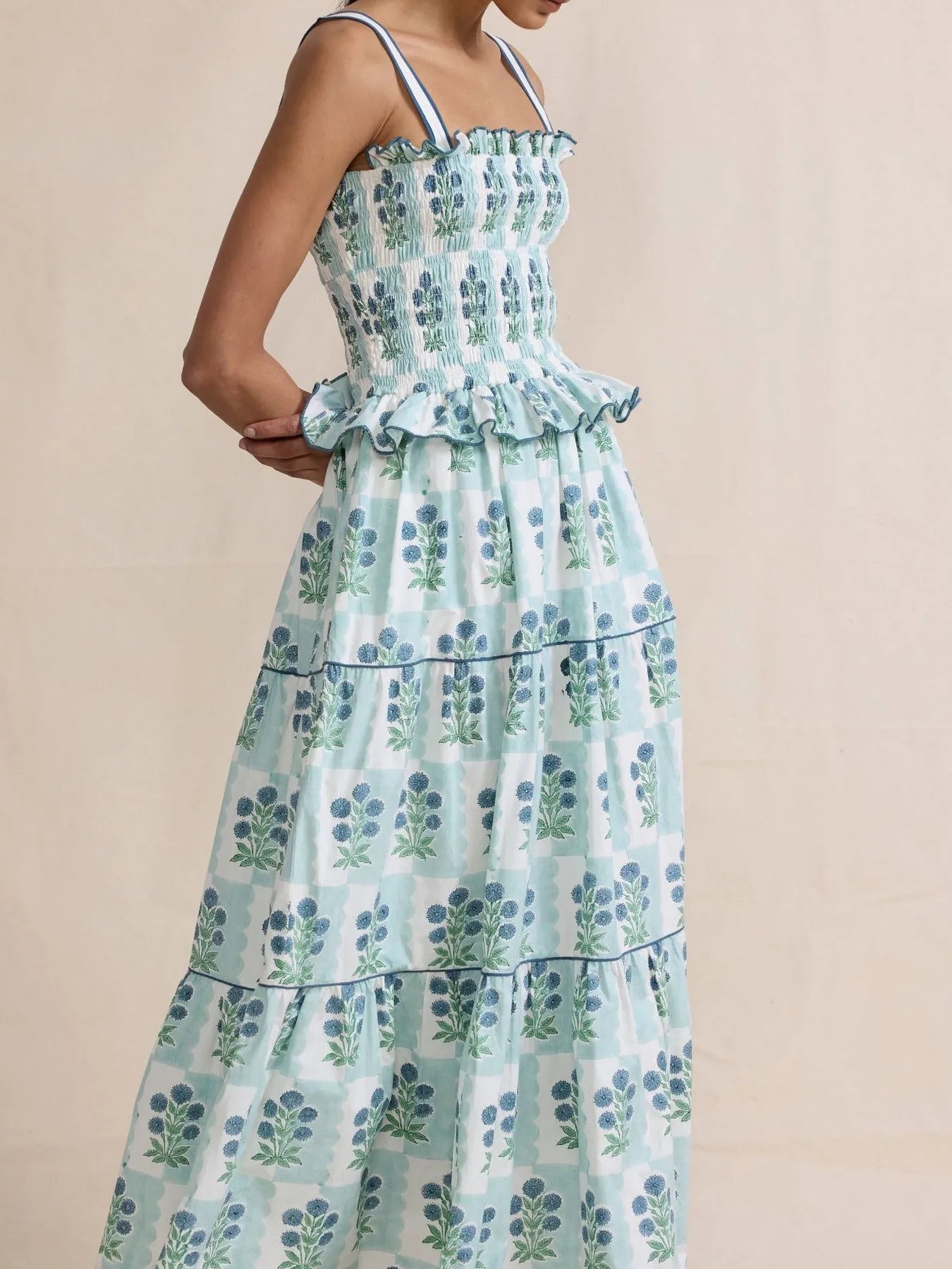 Bohemian Floral Print Smocked Tiered Maxi Dress OutfitFlow