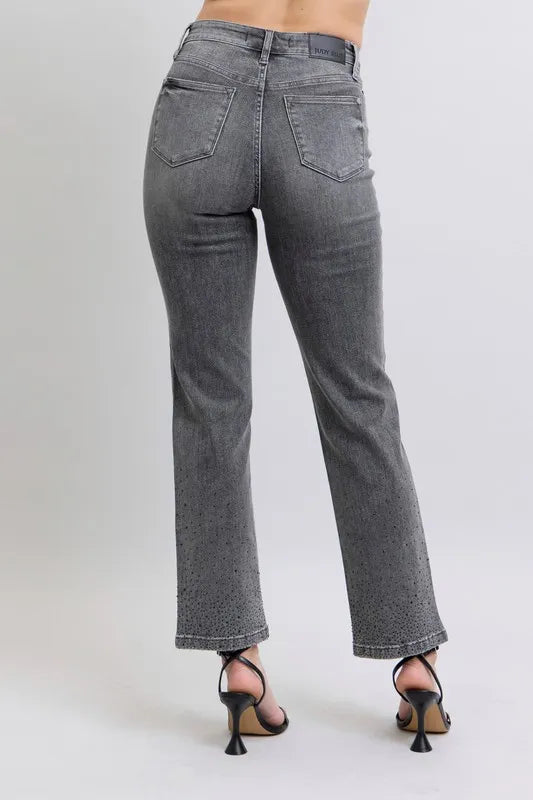 Judy Blue Full Size High Waist Rhinestone Straight Jeans Plus Size OutfitFlow