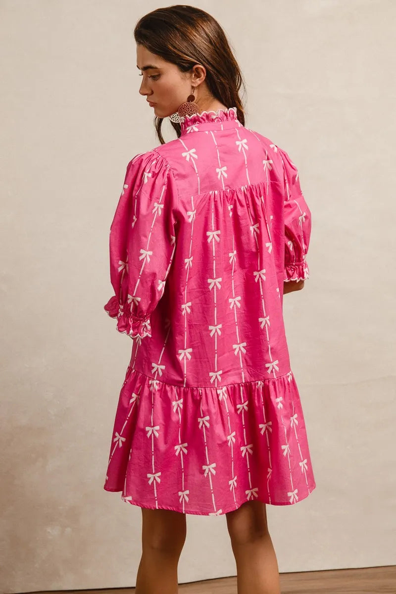 BiBi Ribbon Patterns With Scallops Edge Details Short Sleeve Dress OutfitFlow
