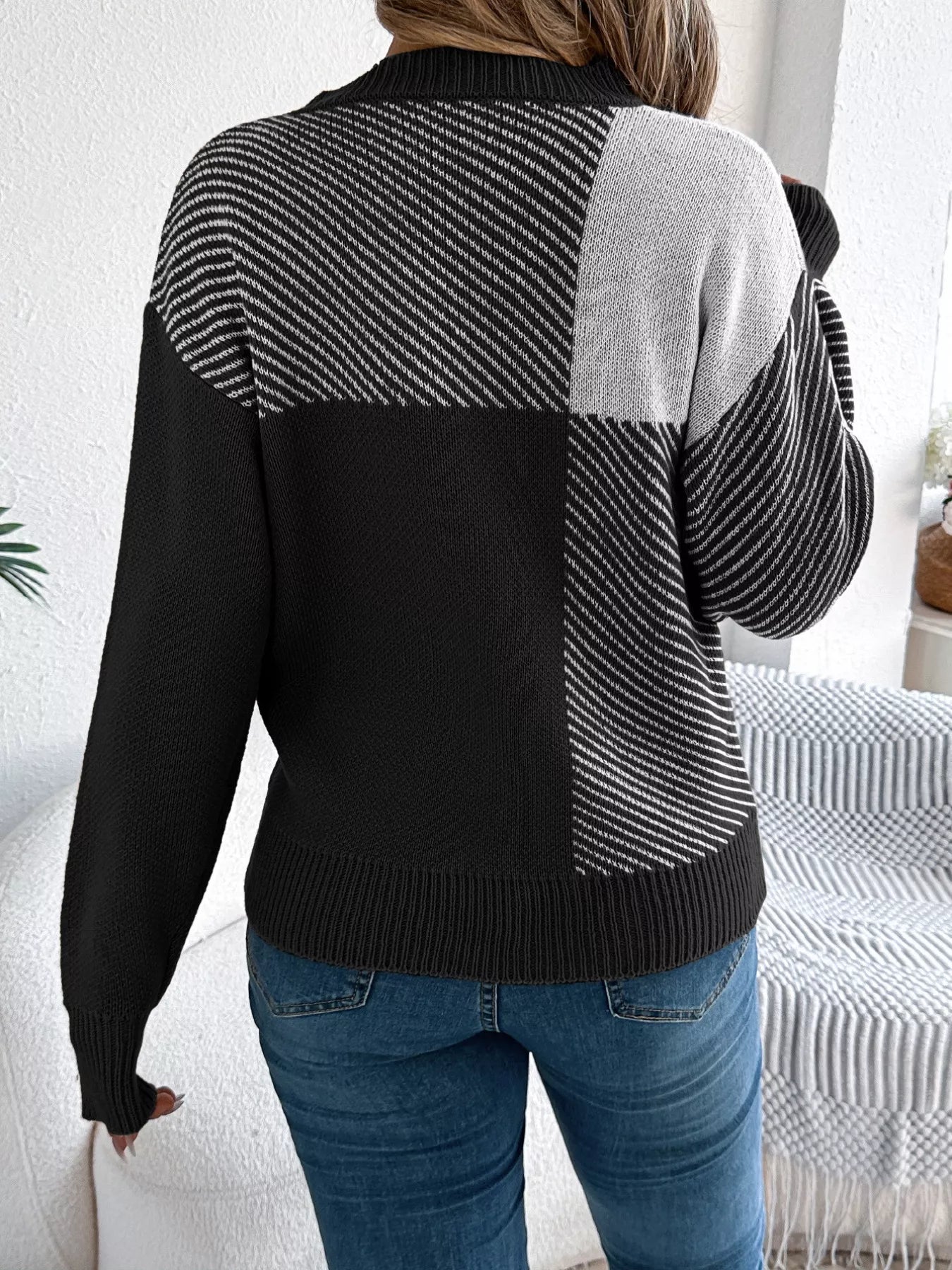 Color Block Striped Round Neck Sweater OutfitFlow