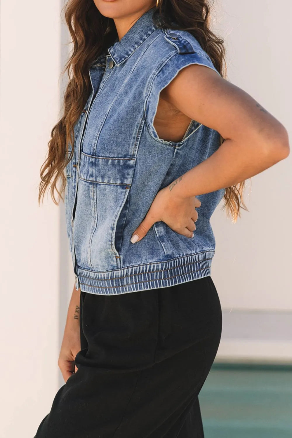 Button Up Cap Sleeve Denim Jacket OutfitFlow