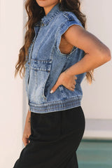 Button Up Cap Sleeve Denim Jacket OutfitFlow