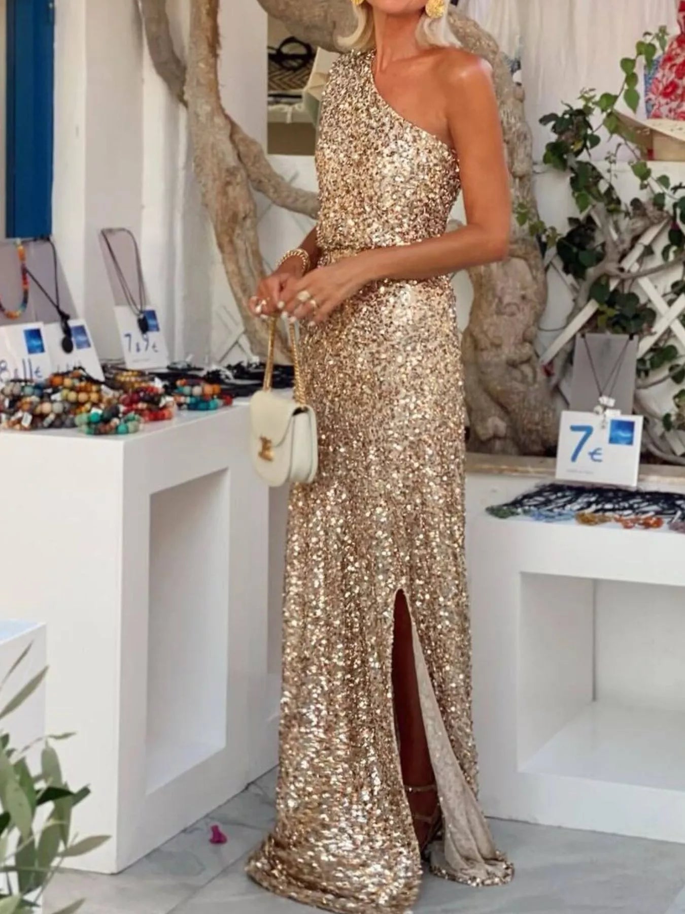 Sequin One-Shoulder Slit Maxi Dress OutfitFlow