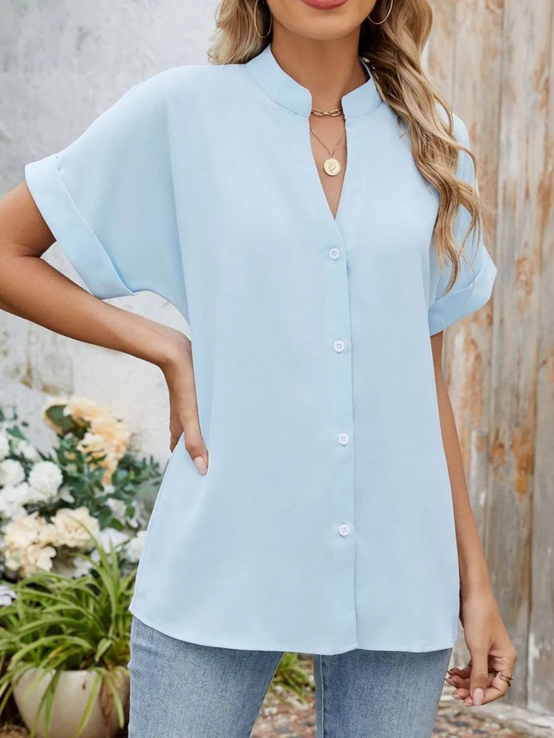 Notched Short Sleeve Blouse OutfitFlow