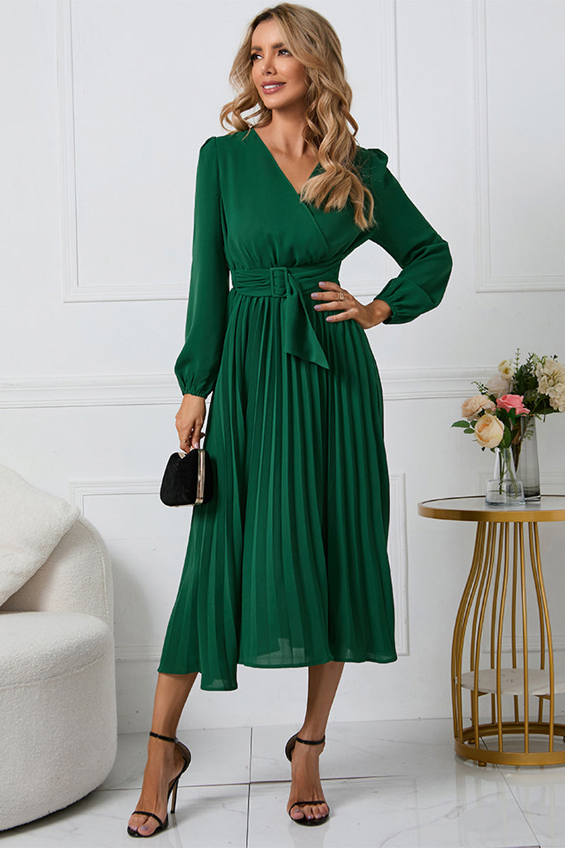 Outfit Flow - V-Neck Long Sleeve Tie Waist Midi Dress