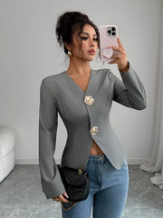 Flower Button Long Sleeve Blazer OutfitFlow