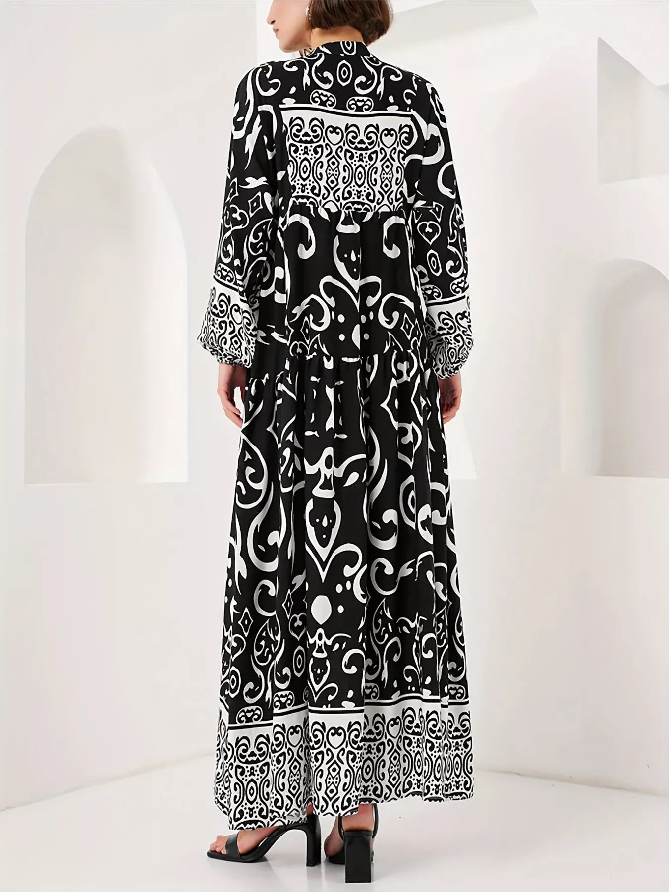 Printed Notched Balloon Sleeve Maxi Dress OutfitFlow