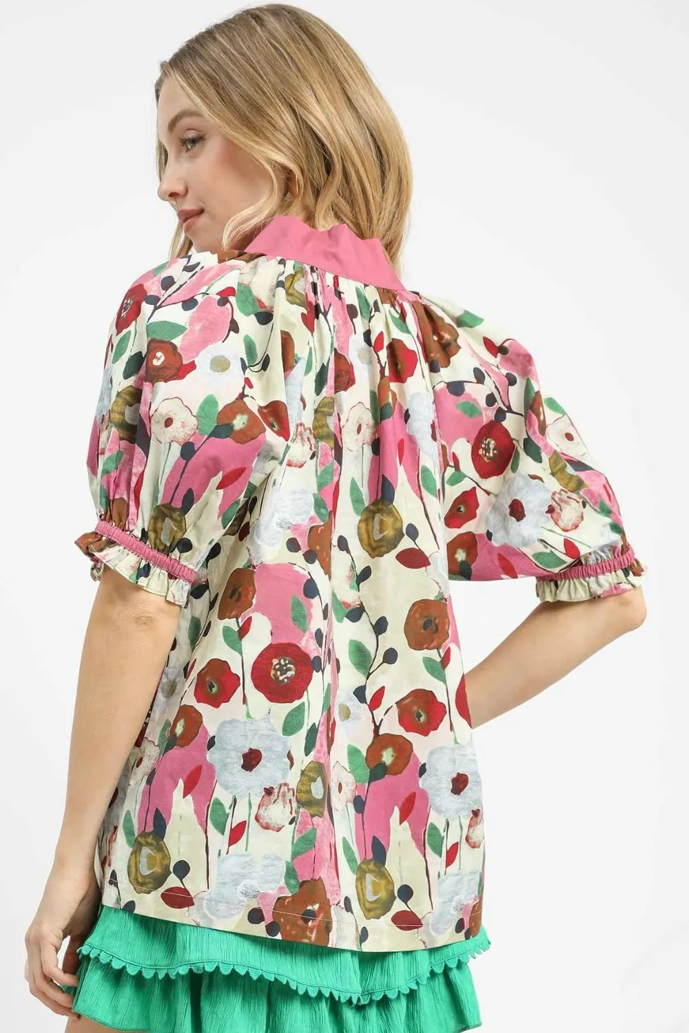 Umgee Floral Print Puff Sleeve Oversized Blouse OutfitFlow
