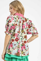 Umgee Floral Print Puff Sleeve Oversized Blouse OutfitFlow