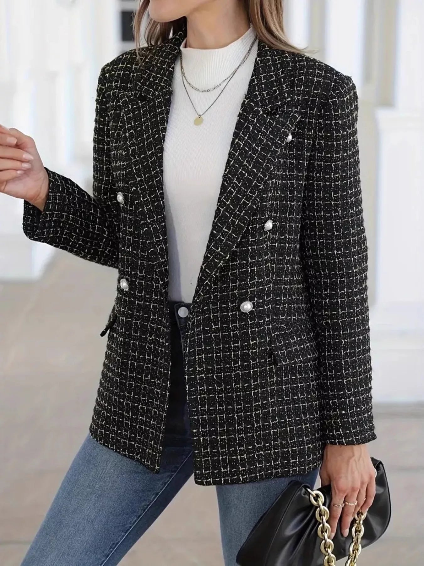 Plaid Double-Breasted Tweed Blazer Black Trendsi