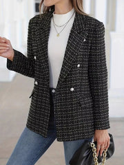 Plaid Double-Breasted Tweed Blazer Black Trendsi