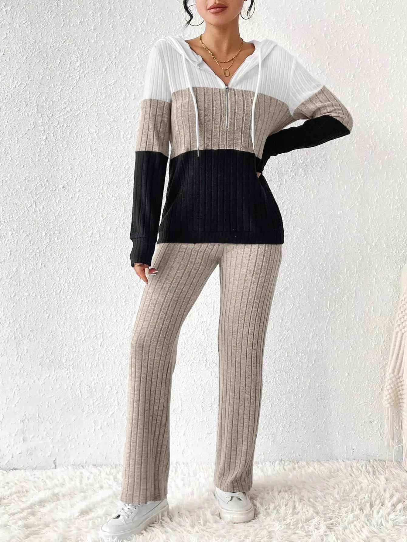 Color Block Half Zip Hooded Top and Pants Set OutfitFlow