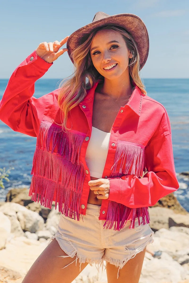BiBi Rhinestone Fringe with Studed Collar Jacket OutfitFlow