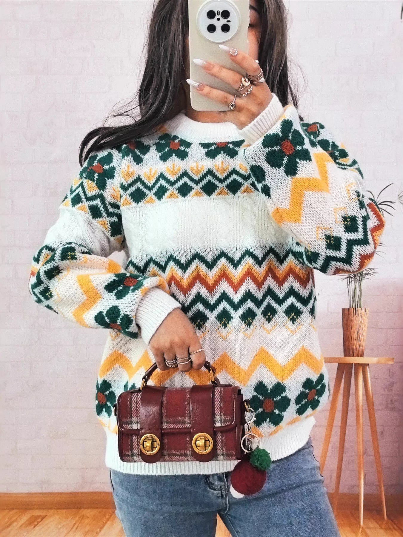 Geometric Round Neck Long Sleeve Sweater White One Size OutfitFlow