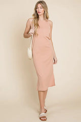 BOMBOM Ribbed Knit Sleeveless Midi Dress OutfitFlow