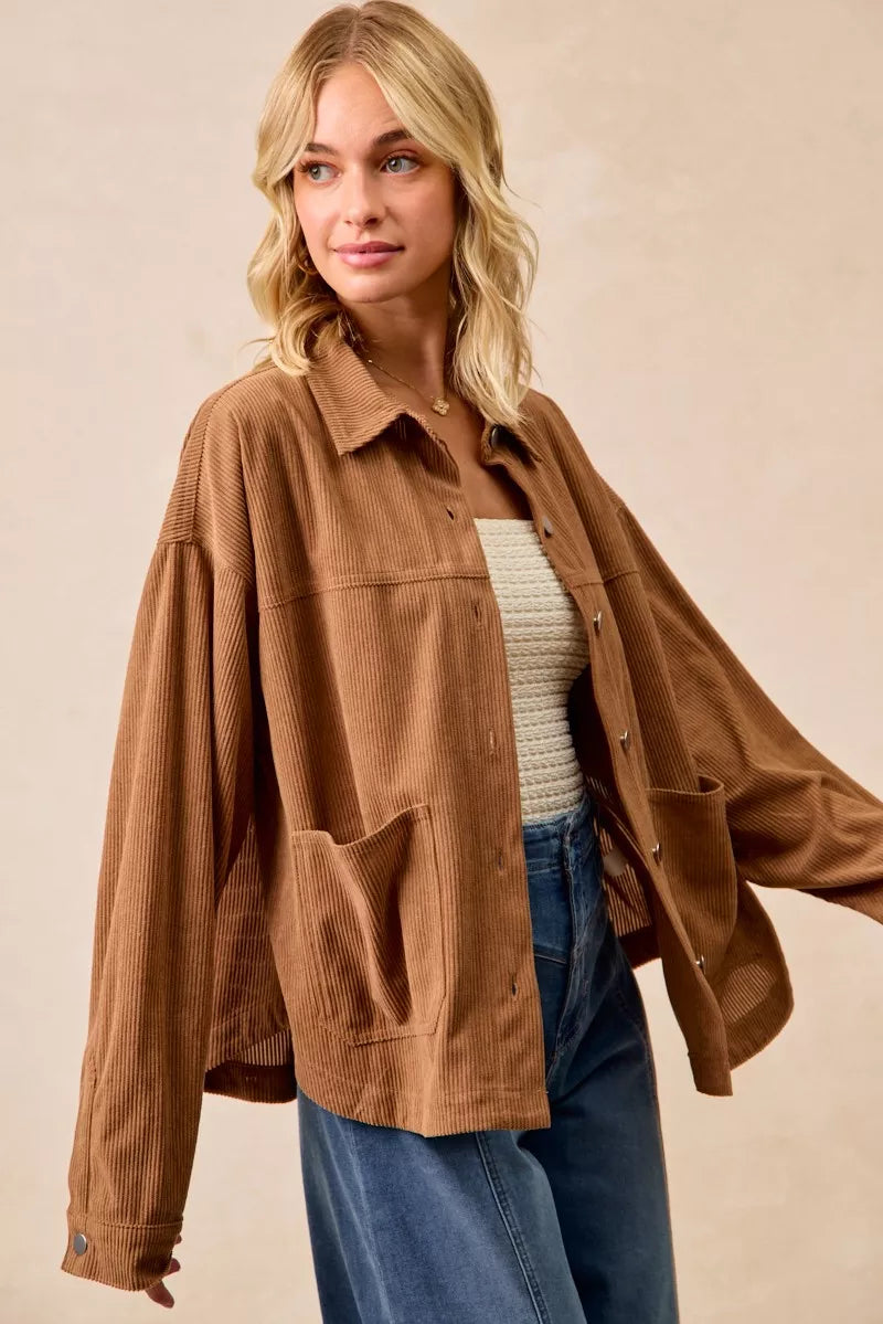 BiBi Corduroy Relaxed Fit Shacket with Back Pleat OutfitFlow