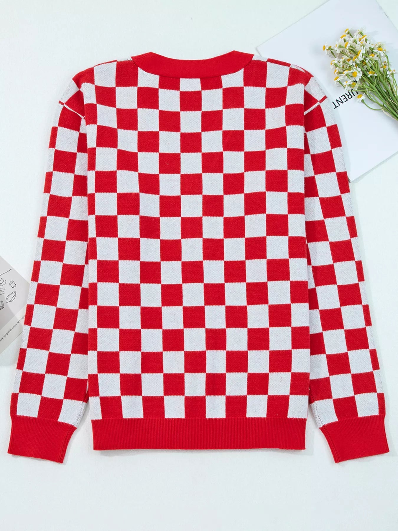 Christmas Tree Pattern Checkered Button V Neck Cardigan OutfitFlow