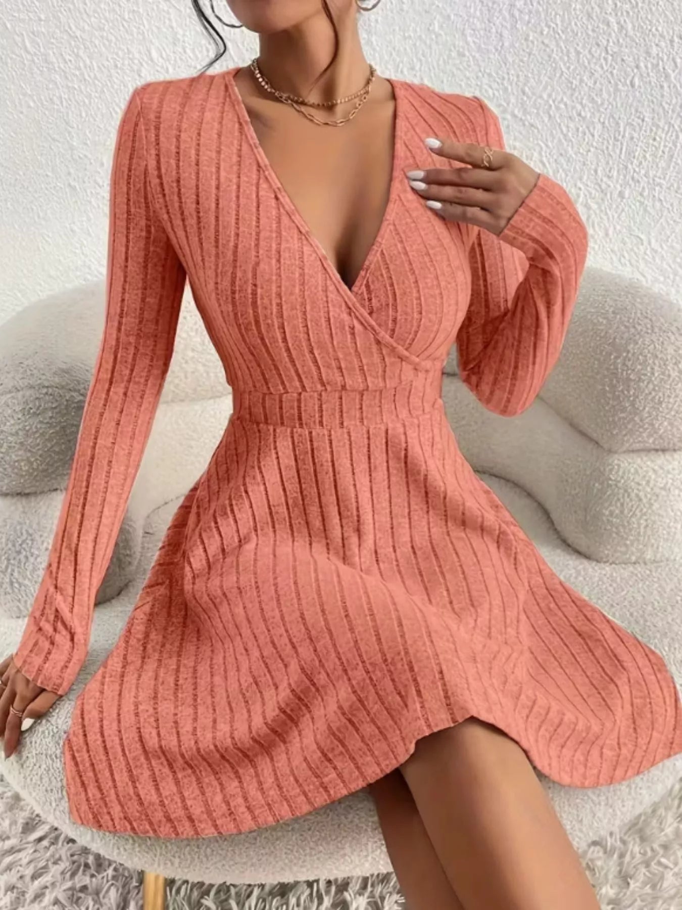 Ribbed Knit Wrap Mini Dress Burnt Coral OutfitFlow