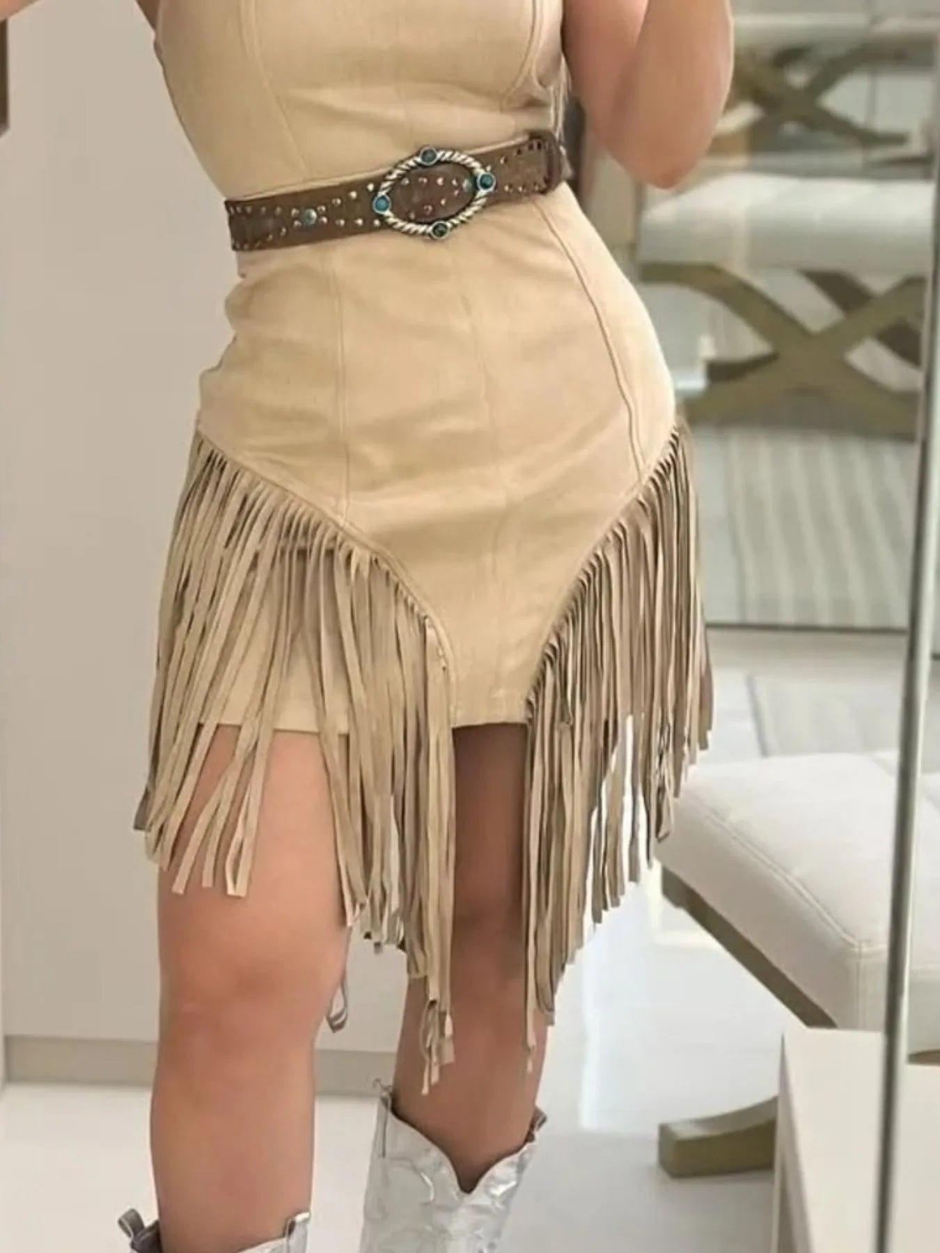 Fringe Square Neck Bodycon Mini Dress OutfitFlow