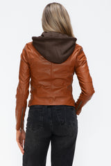 Outfit Flow - Snobbish Faux Leather Zip Up Drawstring Hooded Jacket