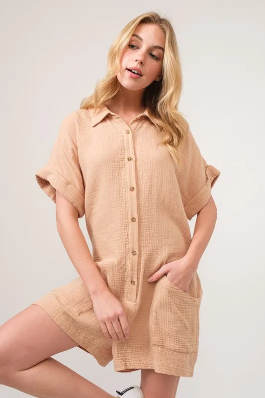 And The Why Washed Gauze Roll-up Sleeve Comfort Utility Romper OutfitFlow