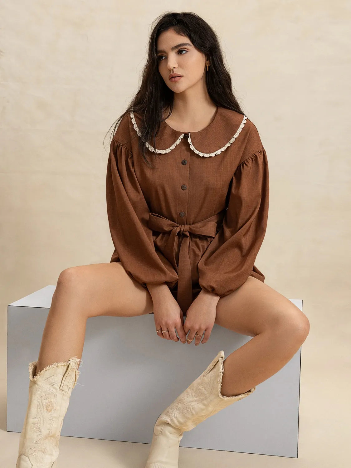 Peter Pan Collar Balloon Sleeve Top and Shorts Set OutfitFlow